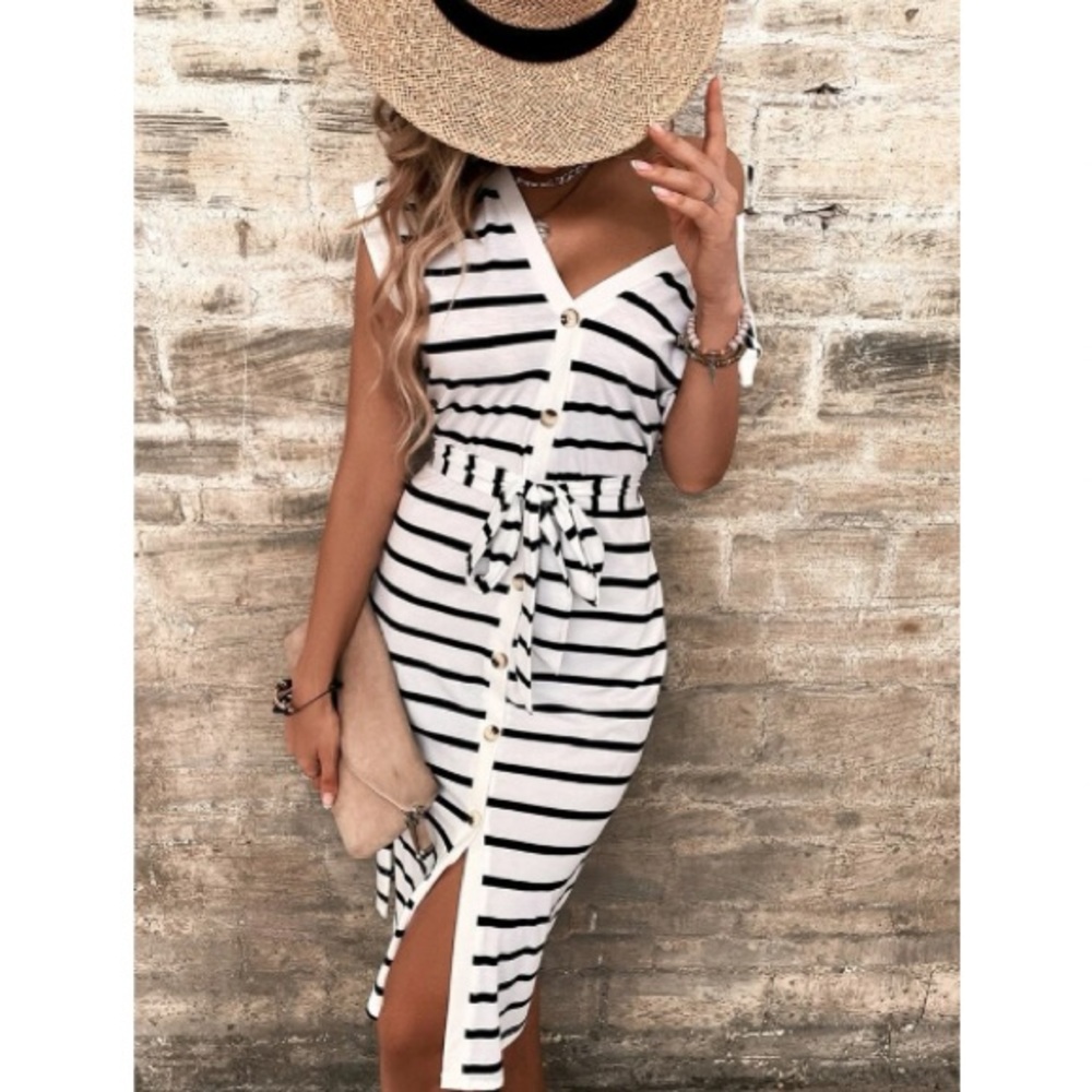 Striped dolman sleeve button through dress - Picture 5 of 7